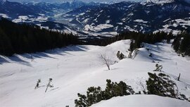 Die Lawine hat links und rechts vom Felsen Schneisen geschlagen